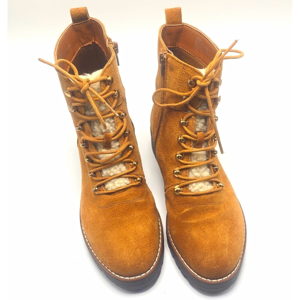 Crown & Ivy Naomi Suede Hiker Boots Cognac Brown Sherpa Trim Women's Size 7.5